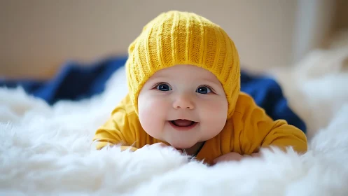 Joyful infant in mustard knit beanie and soft textures portrait.