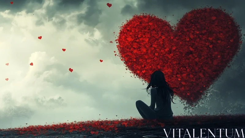 Silhouetted Figure Contemplating Fragmented Heart Form.