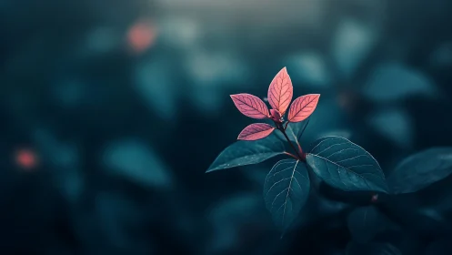 Soft pink leaves glow gently against deep teal foliage