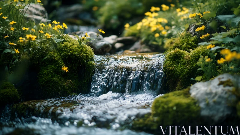 Gentle woodland stream sparkles beside bright yellow flowers