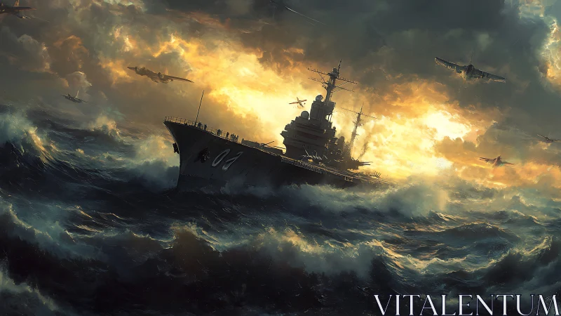 Storm-lit carrier and warplanes racing through wild seas.