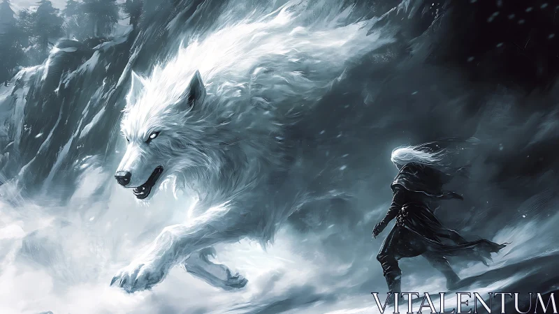 Mythic white wolf confronts cloaked warrior in icy gale.