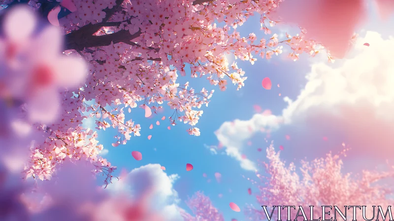 Cherry blossoms frame blue sky while petals drift downward