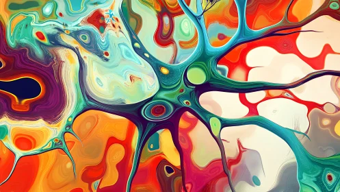 Colorful branching shapes reach across a lively swirling canvas