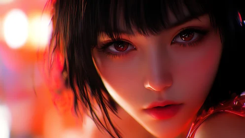 Neon-lit digital portrait of intense red-eyed girl face.