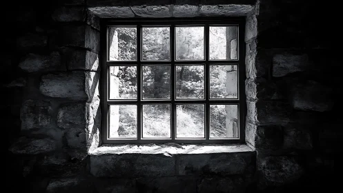Quiet stone window framing a silver world outside.