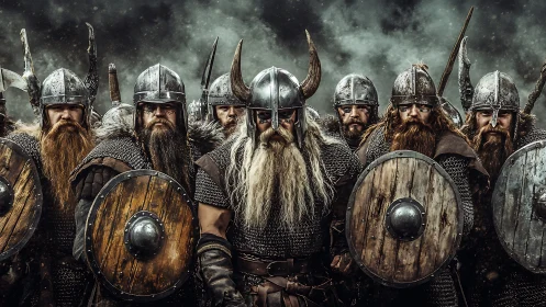 Viking warband advances under stormy sky, shields raised tight.