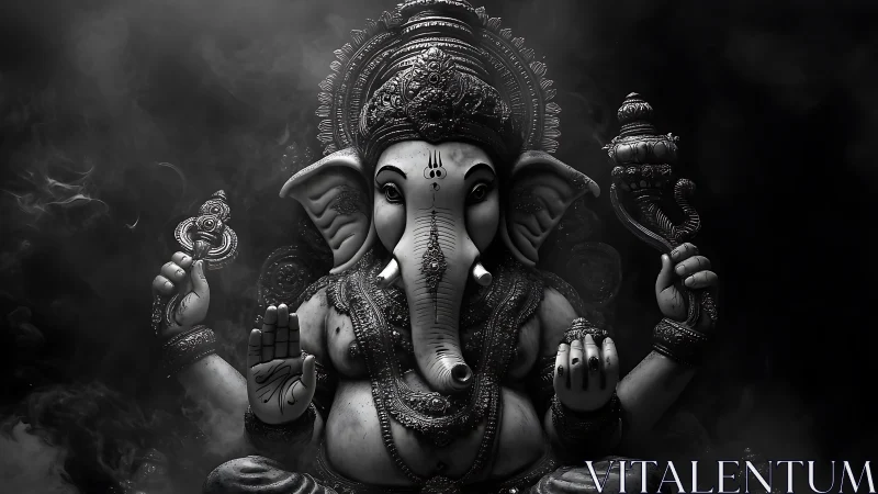 Monochrome depiction of Ganesh statue with ornate detailing.