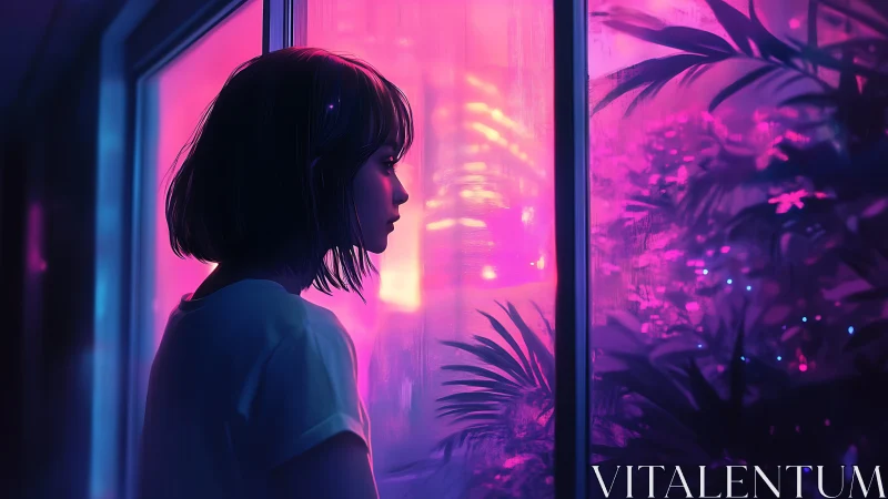 Girl looks through neon lit window at glowing foliage