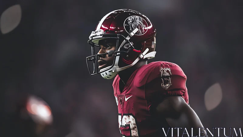 Floodlit football defender in maroon helmet and tactical gear.