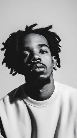 Monochrome studio portrait with shallow depth and tonal contrast.