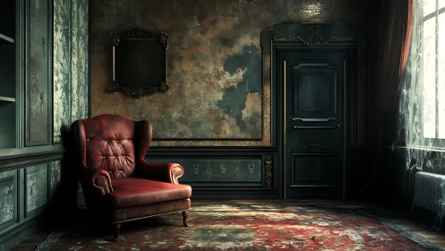 Velvet armchair keeps quiet watch in a fading grand room