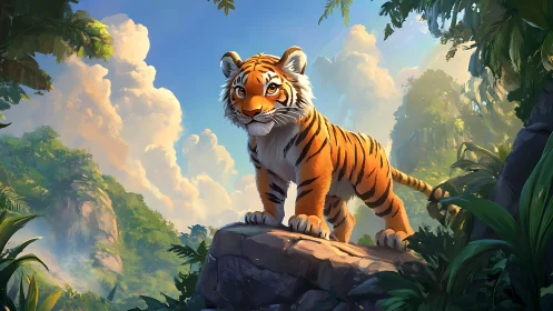 Playful tiger cub on sunlit jungle rock ledge.