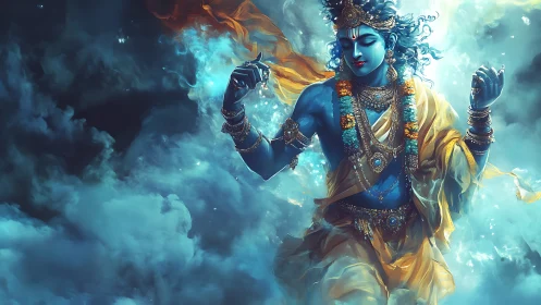 Celestial blue dancer storms through swirling cosmic mist.