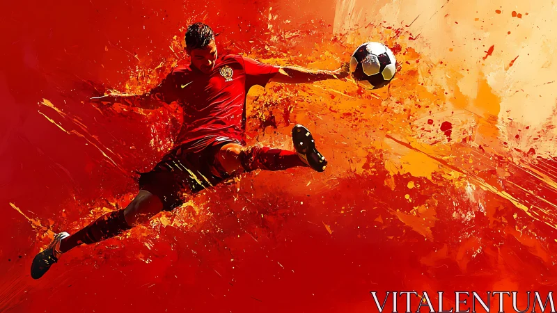 Dynamic soccer kick bursting through fiery red color.