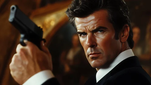 Cinematic agent portrait with sidearm in shallow focus.