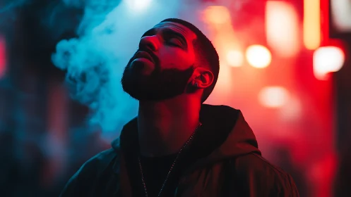 Calm night reflections in neon blue and red city glow.