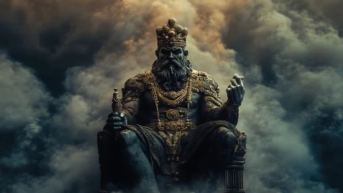 Monumental armored king statue in storm clouds under dramatic light