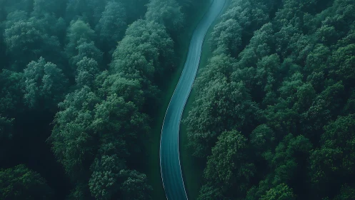 Winding Road Through Dense Green Forest in Atmospheric Aerial View.