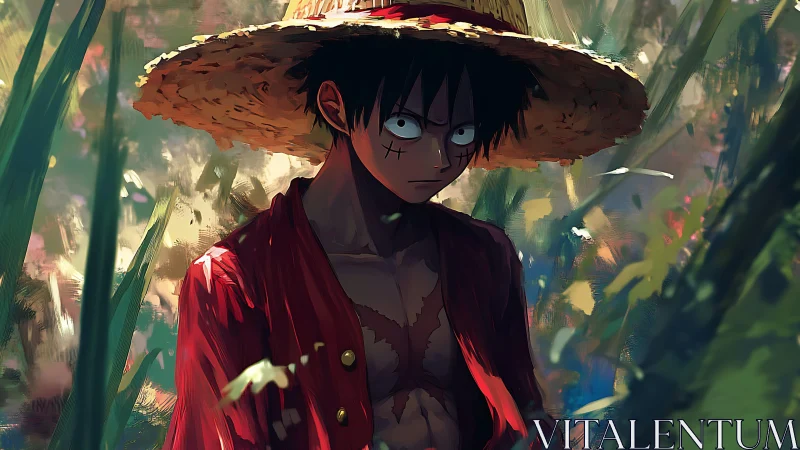 Straw hat warrior glares through lush painted jungle light.