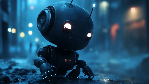 3D cyberpunk street bot in cinematic blue hour lighting.