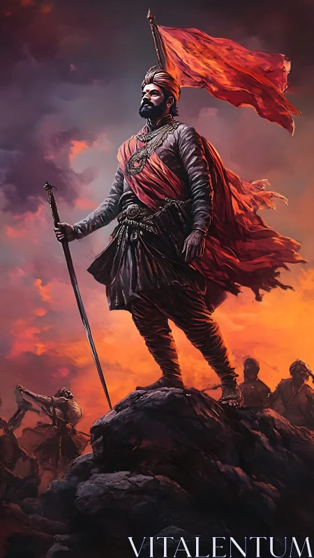Heroic warrior on rocky summit in cinematic digital painting.