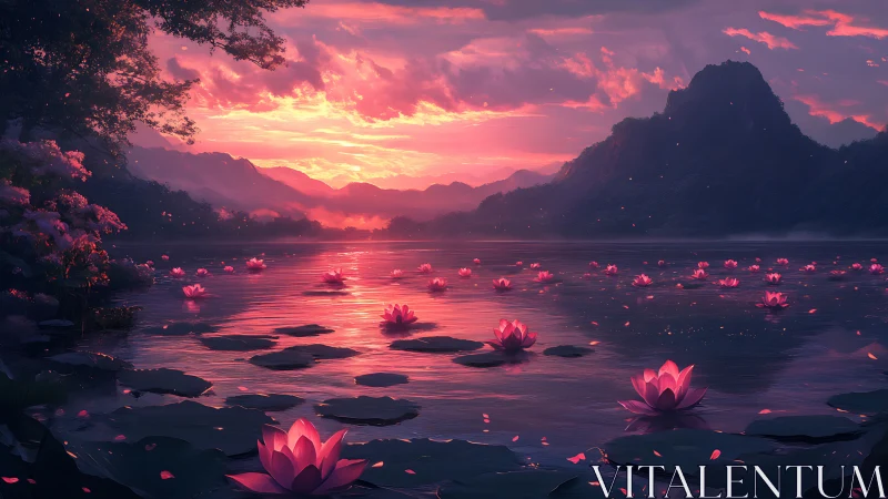 Sunset-illuminated lotus lake beneath distant mountain silhouettes