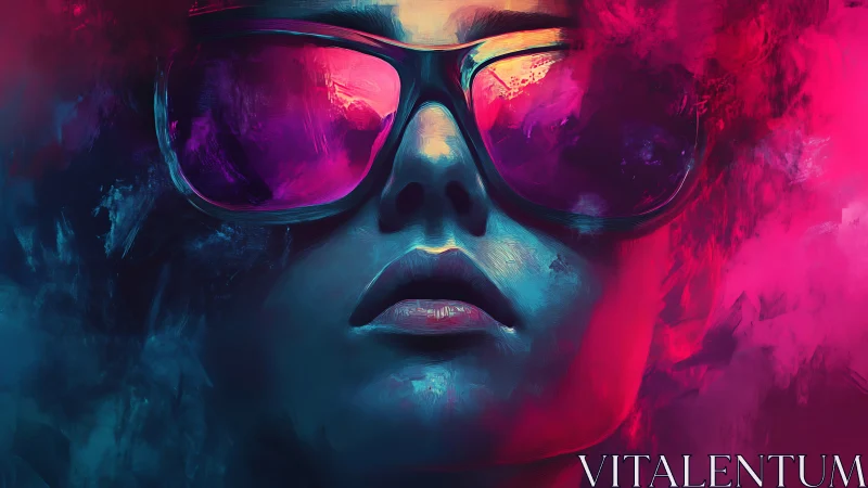 Portrait of person in reflective glasses with neon palette.