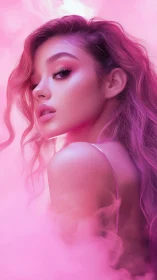 Digital portrait depicts a stylized woman in dense pink fog