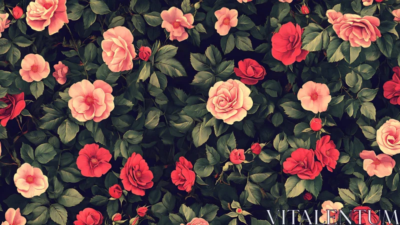 Roses bloom on dark canvas. Coral and crimson petals illuminate garden depths.