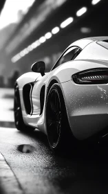 Rain-slicked supercar waits, coiled like chrome lightning