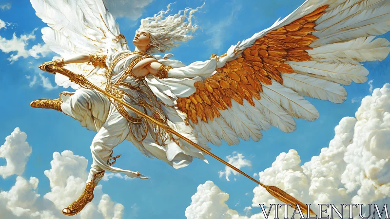 Radiant winged warrior ascends through clouds in dynamic arc