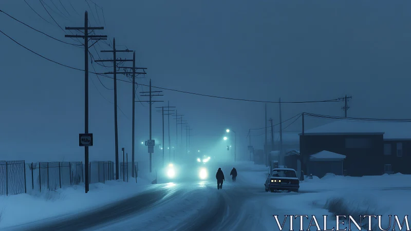 Snow-covered roadway with pedestrians and headlights at dusk.
