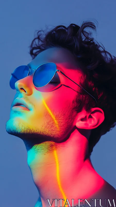 Young man in neon gradient light wearing round sunglasses.