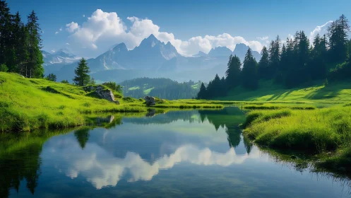 Still alpine lake mirroring sunlit meadows and jagged peaks.