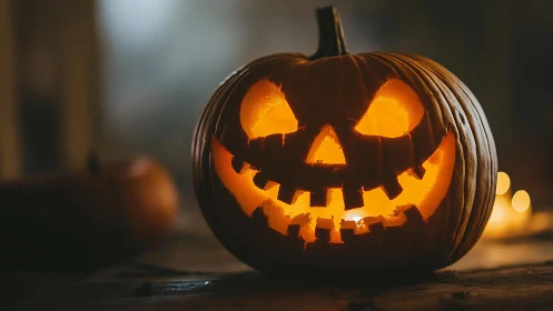 Carved jack o lantern with glowing candle on table.