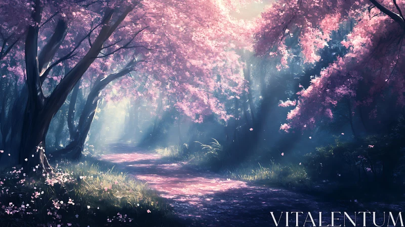 Cherry Blossom Path Through Misty Forest Canopy