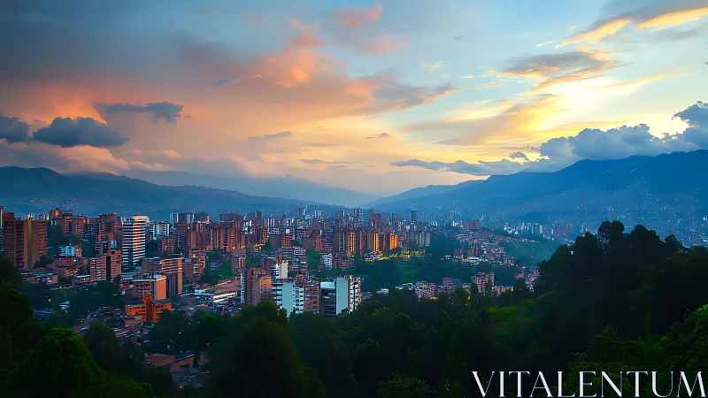 Golden hour light gently settles over a lush valley cityscape