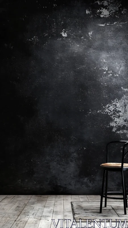 Minimalist industrial stool against weathered studio wall.