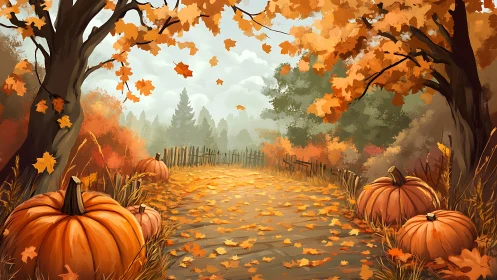 Golden autumn lane with cozy pumpkins and drifting leaves.
