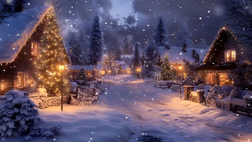 Snow-covered village lane with illuminated cottages at dusk