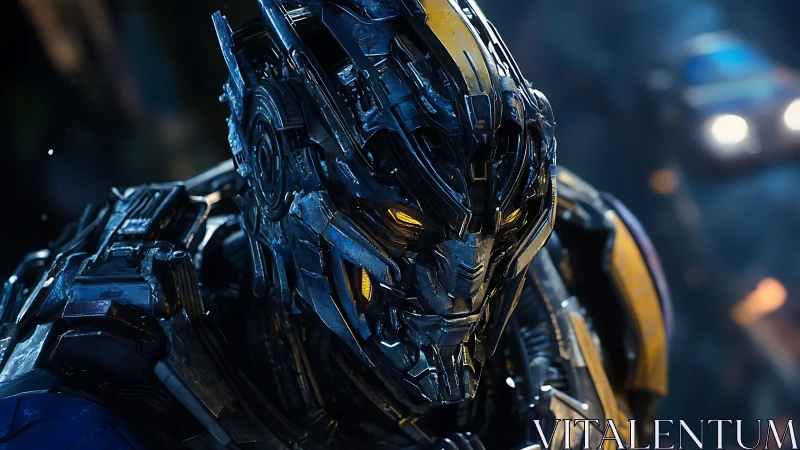 Cybernetic warrior portrait with yellow illuminated optics.