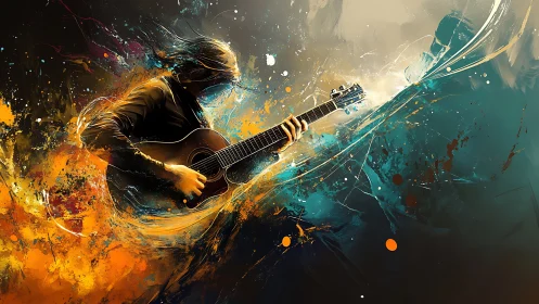 Abstract guitarist ignites swirling waves of color and sound.