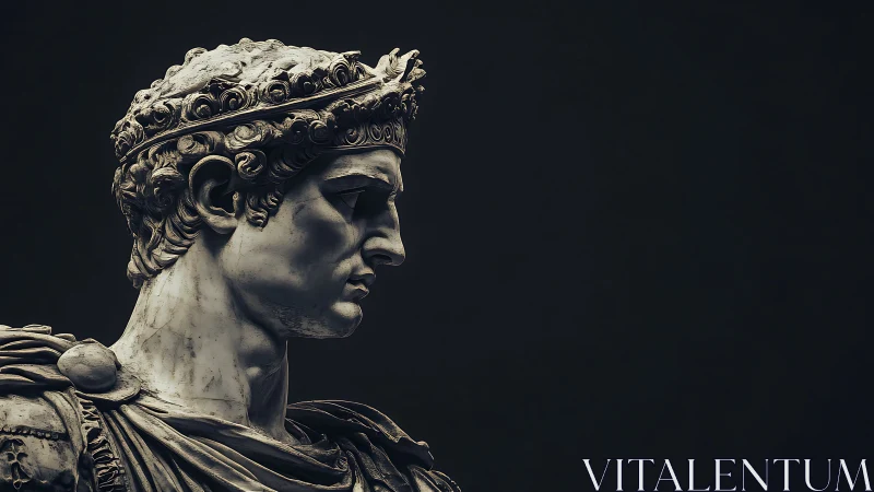 Profile view of classical male marble bust with diadem.