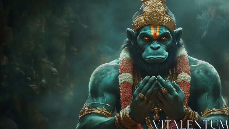 Mythic simian warrior deity in ornate gold regalia, cinematic