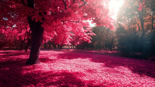Iridescent infrared forest bathed in surreal magenta light.