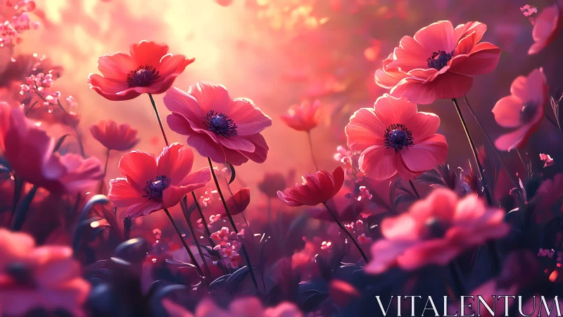 Pink Anemones in Golden Sunlight Field.