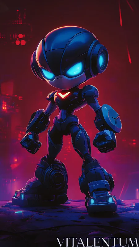 Stylized armored robot character on neon sci fi street.