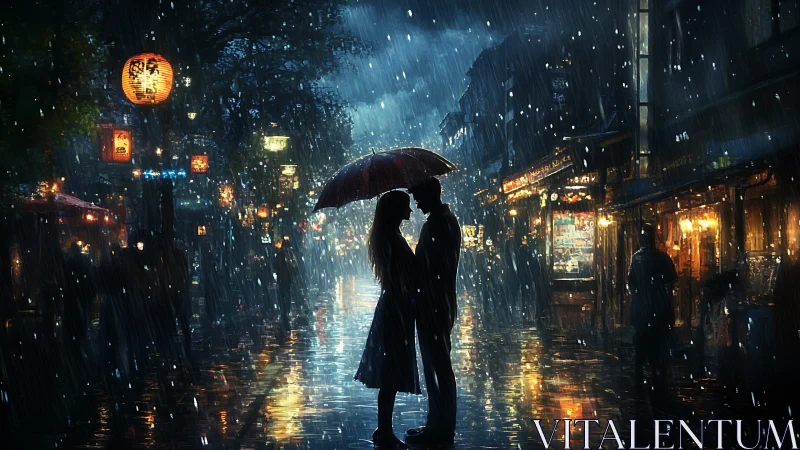 Couple sheltering beneath umbrella in neon-lit rainy cityscape.