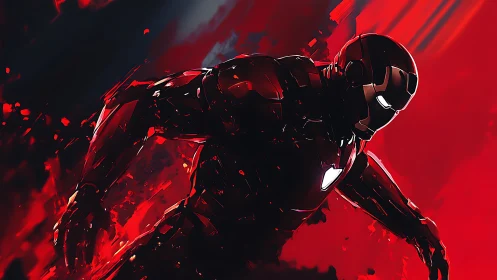 Armored humanoid figure emerges in red abstract environment